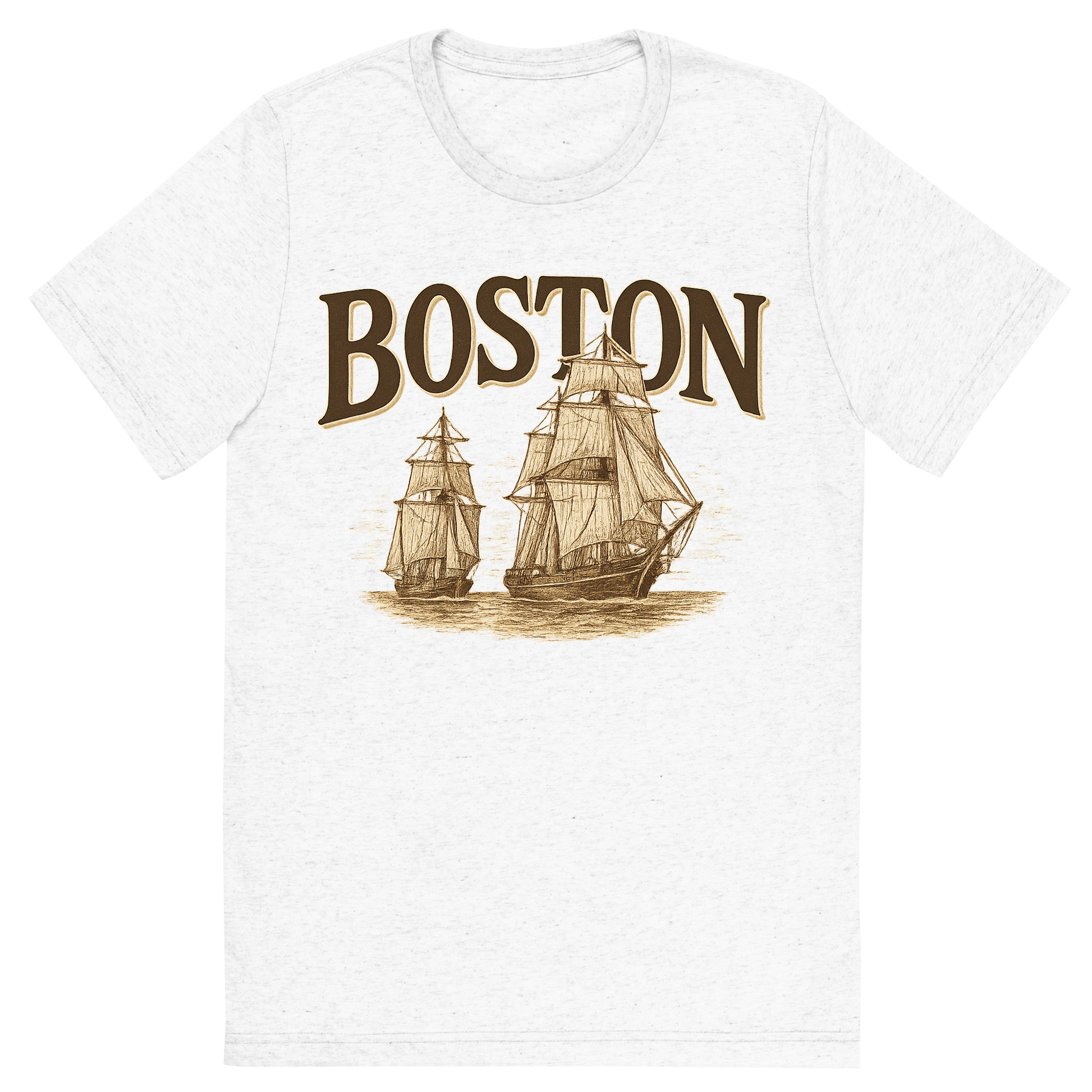 Front view of a Premium Tri-Blend Crew Neck T-Shirt in Solid White showing 'A typographic, nostalgic graphic of a typographic illustration of the words 'boston' with a vintage line art drawing of tall ships'