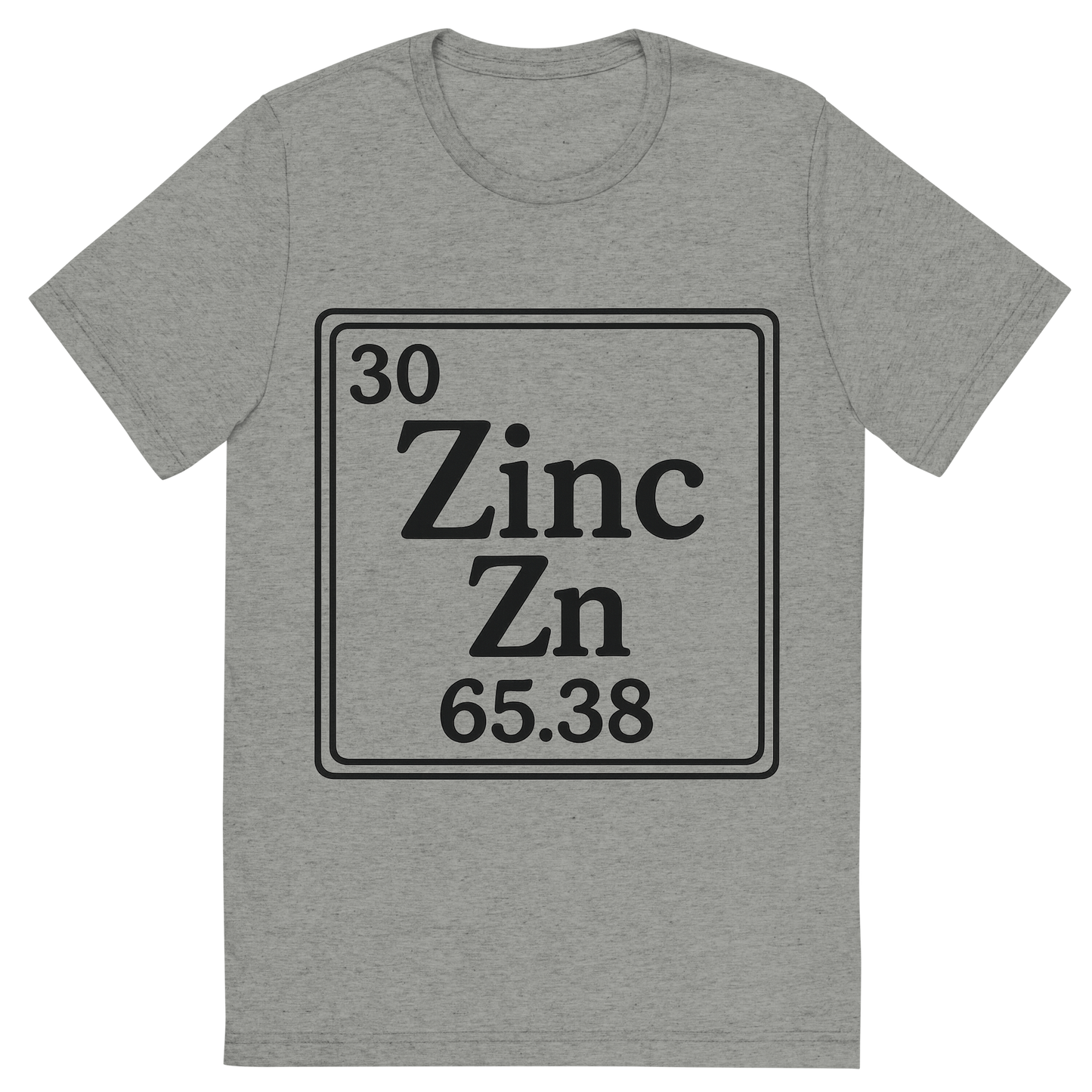 Front view of a Premium Tri-Blend Crew Neck T-Shirt in Athletic Grey showing 'A line art, nostalgic graphic of zinc's entry on the periodic table, use a dark color for the lines and text'