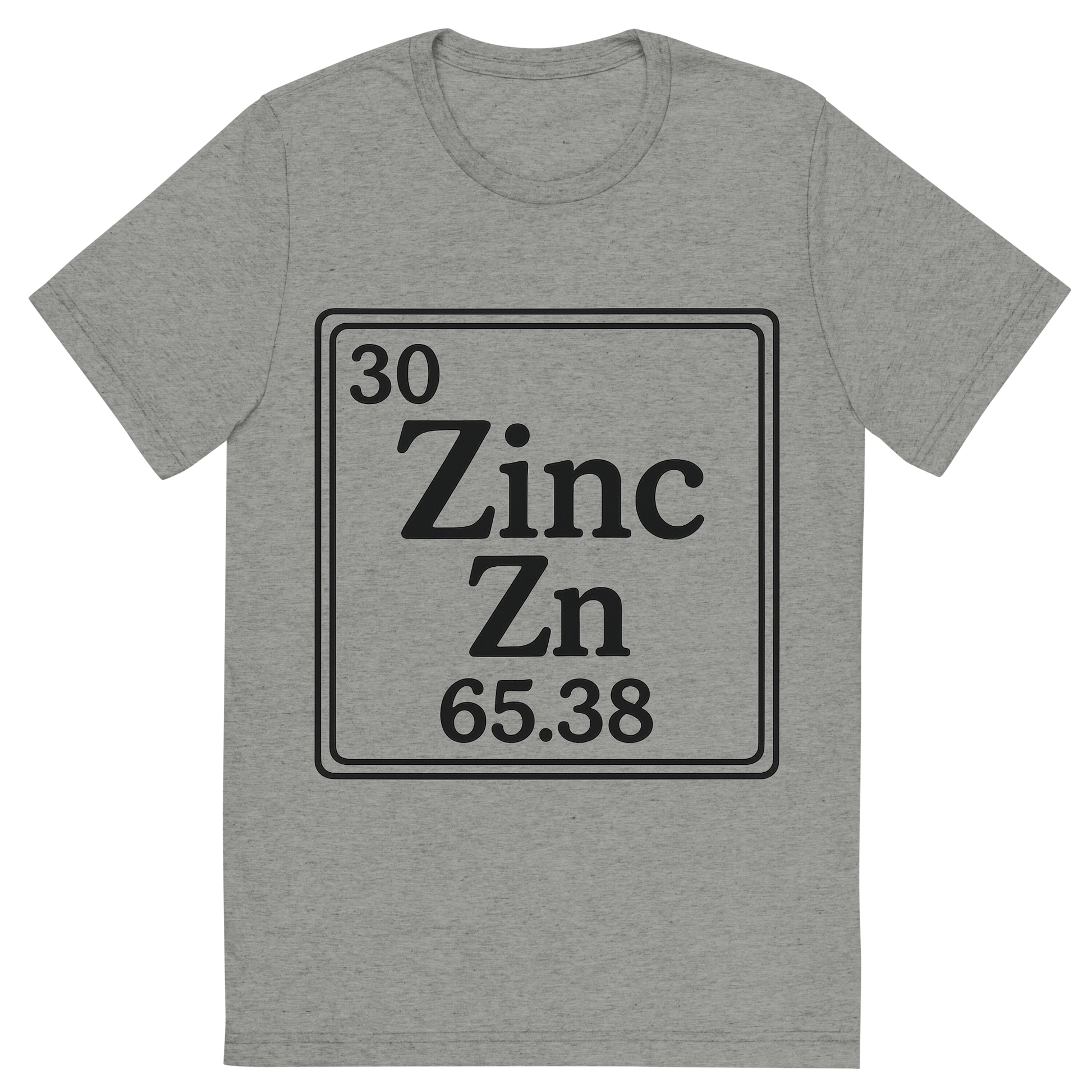 Front view of a Premium Tri-Blend Crew Neck T-Shirt in Athletic Grey showing 'A line art, nostalgic graphic of zinc's entry on the periodic table, use a dark color for the lines and text'