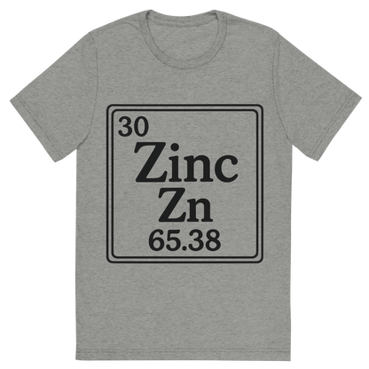 Front view of a Premium Tri-Blend Crew Neck T-Shirt in Athletic Grey showing 'A line art, nostalgic graphic of zinc's entry on the periodic table, use a dark color for the lines and text'