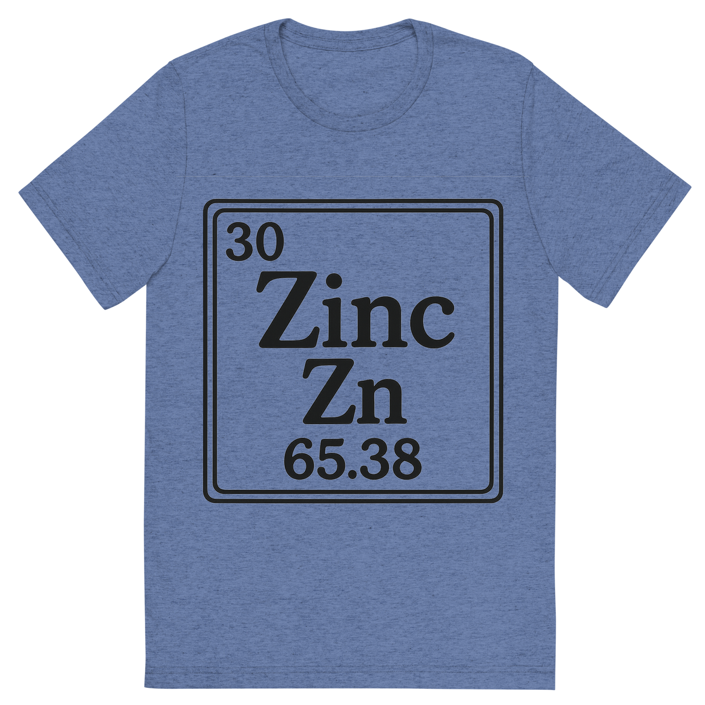 Front view of a Premium Tri-Blend Crew Neck T-Shirt in Blue showing 'A line art, nostalgic graphic of zinc's entry on the periodic table, use a dark color for the lines and text'