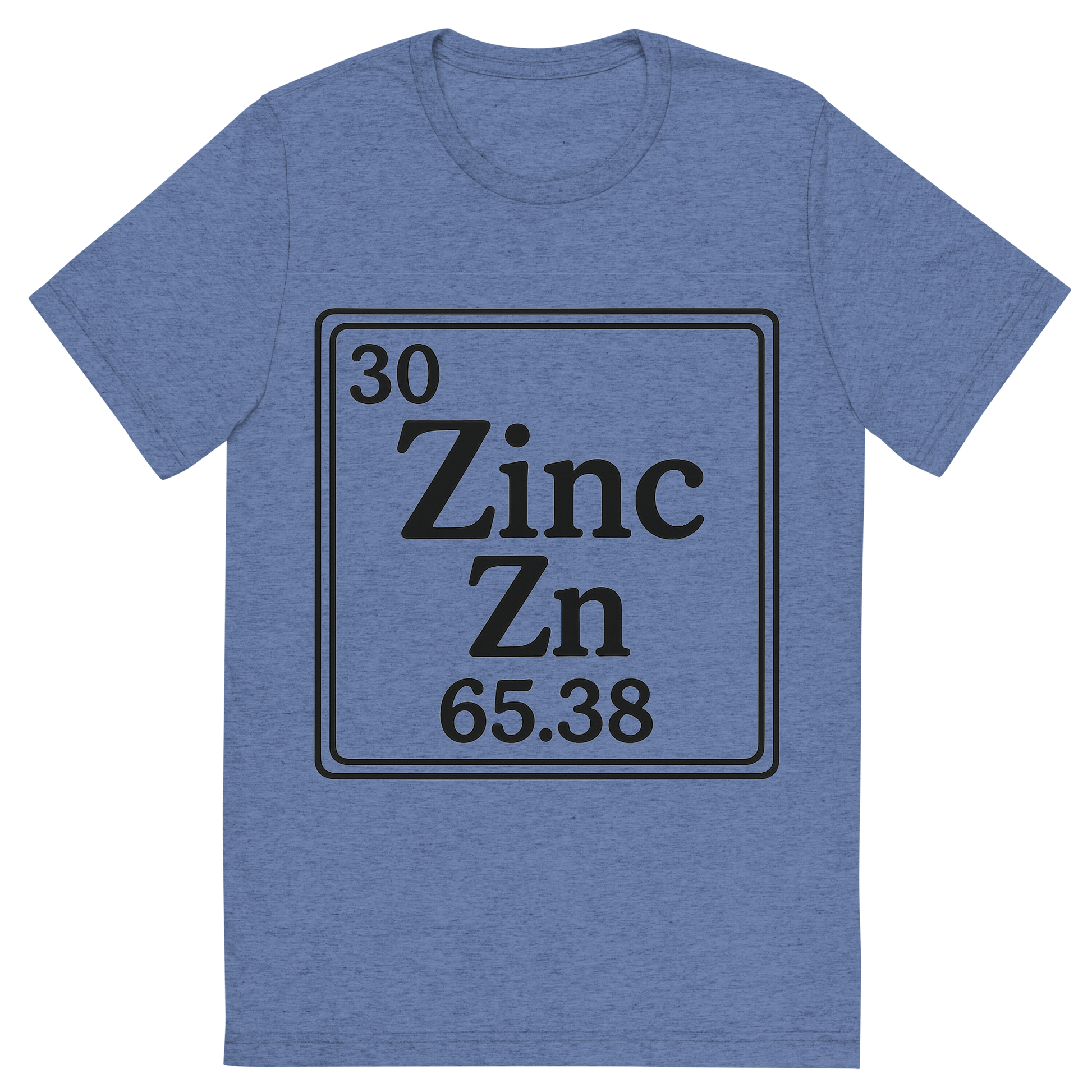 Front view of a Premium Tri-Blend Crew Neck T-Shirt in Blue showing 'A line art, nostalgic graphic of zinc's entry on the periodic table, use a dark color for the lines and text'