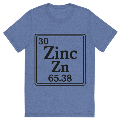 Front view of a Premium Tri-Blend Crew Neck T-Shirt in Blue showing 'A line art, nostalgic graphic of zinc's entry on the periodic table, use a dark color for the lines and text'