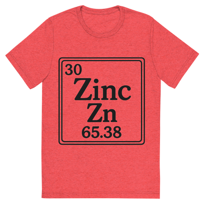 Front view of a Premium Tri-Blend Crew Neck T-Shirt in Red showing 'A line art, nostalgic graphic of zinc's entry on the periodic table, use a dark color for the lines and text'