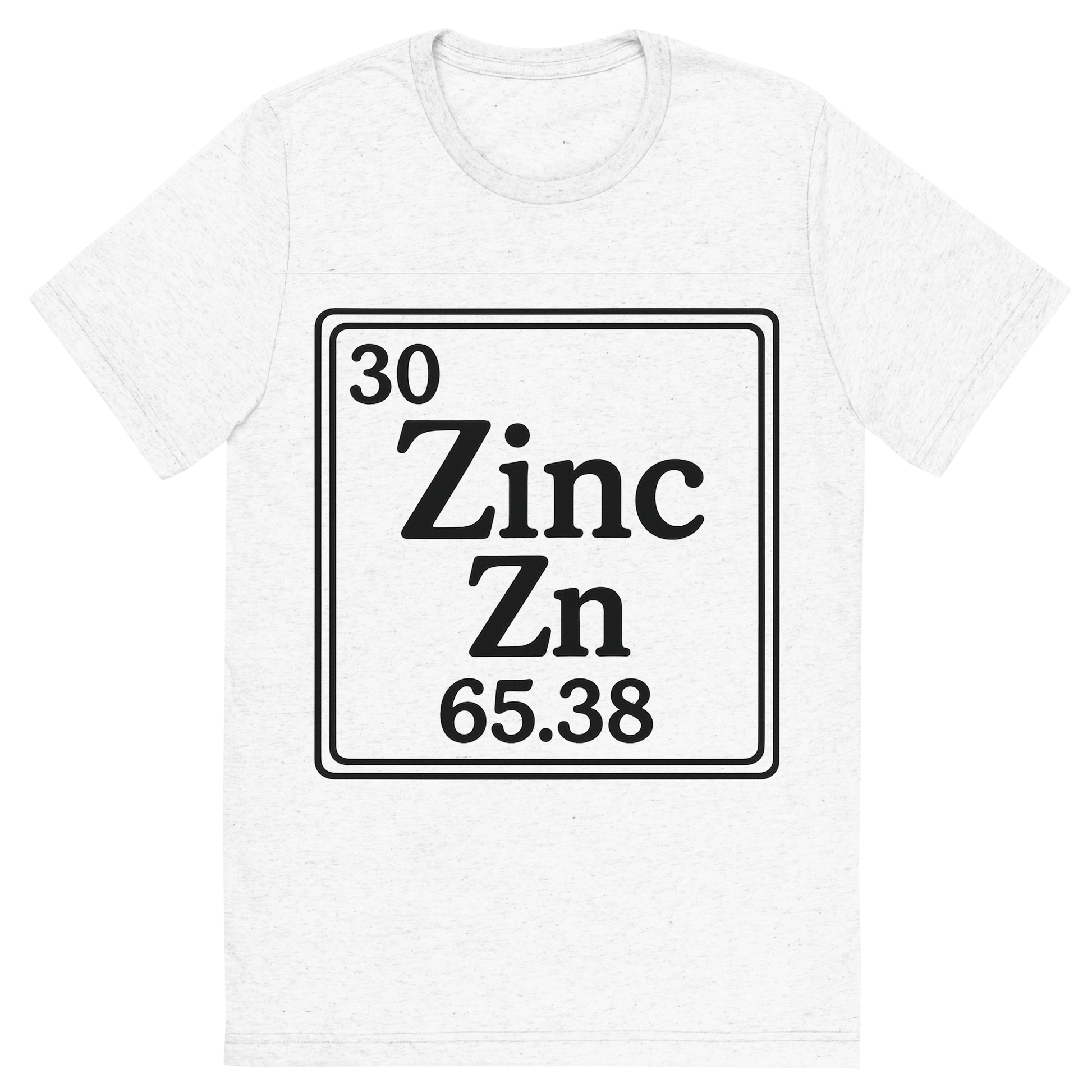 Front view of a Premium Tri-Blend Crew Neck T-Shirt in Solid White showing 'A line art, nostalgic graphic of zinc's entry on the periodic table, use a dark color for the lines and text'