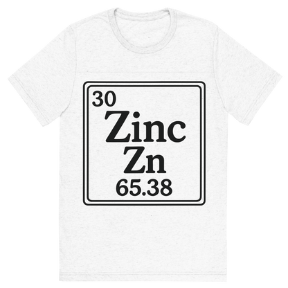 Front view of a Premium Tri-Blend Crew Neck T-Shirt in Solid White showing 'A line art, nostalgic graphic of zinc's entry on the periodic table, use a dark color for the lines and text'