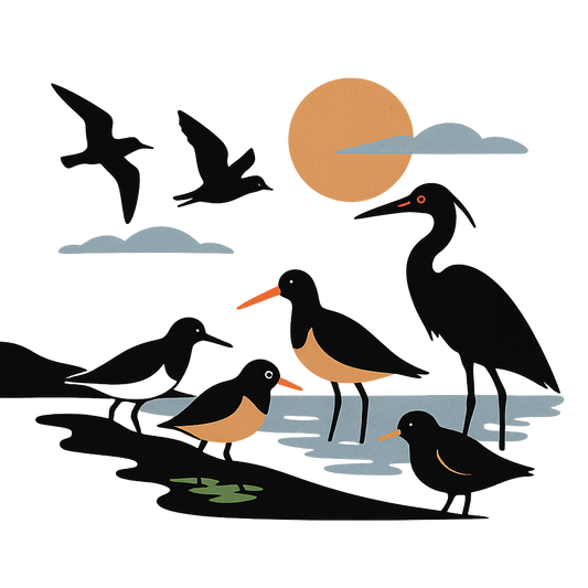 A high-contrast silhouette with minimal accent color, natural graphic of a symbolic illustration of diverse shore birds arranged along a minimalist coastline scene—some wading, some flying, in high-contrast silhouettes with minimal pops of color, square layout, transparent background, not for direct printing - a t-shirt design