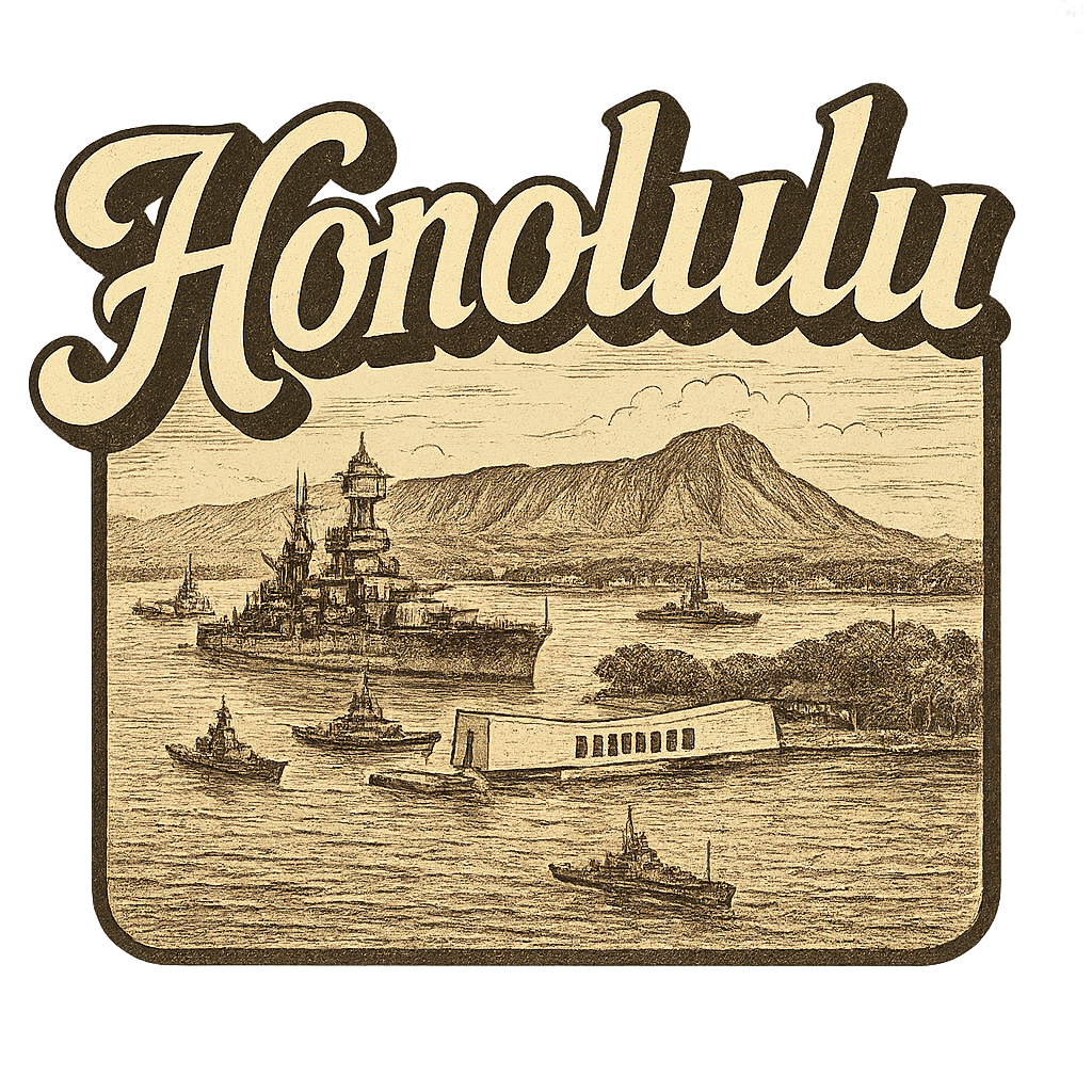 A typographic, nostalgic graphic of a typographic illustration of the words 'honolulu' with a vintage line art drawing of pearl harbor – a t-shirt design