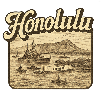 A typographic, nostalgic graphic of a typographic illustration of the words 'honolulu' with a vintage line art drawing of pearl harbor – a t-shirt design