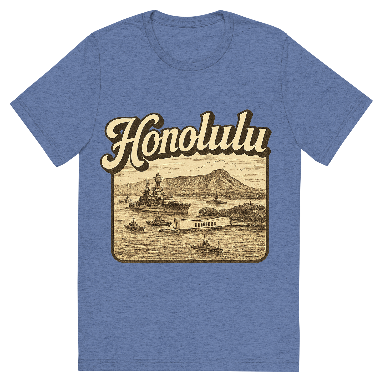 Front view of a Premium Tri-Blend Crew Neck T-Shirt in Blue showing 'A typographic, nostalgic graphic of a typographic illustration of the words 'honolulu' with a vintage line art drawing of pearl harbor'