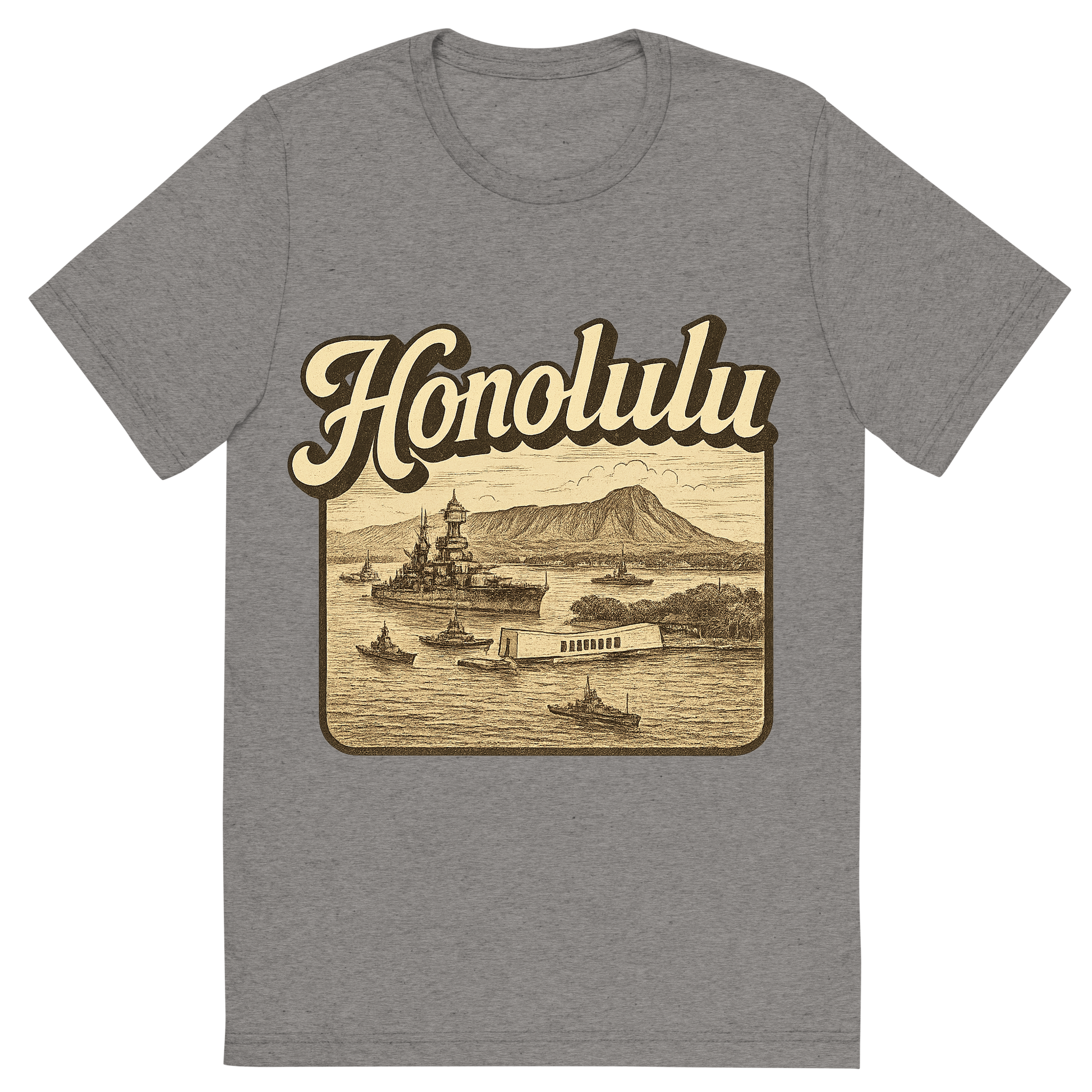 Front view of a Premium Tri-Blend Crew Neck T-Shirt in Grey showing 'A typographic, nostalgic graphic of a typographic illustration of the words 'honolulu' with a vintage line art drawing of pearl harbor'
