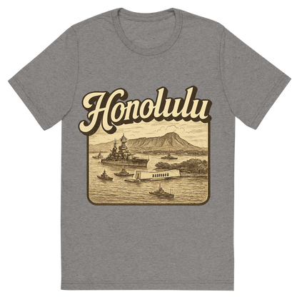 Front view of a Premium Tri-Blend Crew Neck T-Shirt in Grey showing 'A typographic, nostalgic graphic of a typographic illustration of the words 'honolulu' with a vintage line art drawing of pearl harbor'