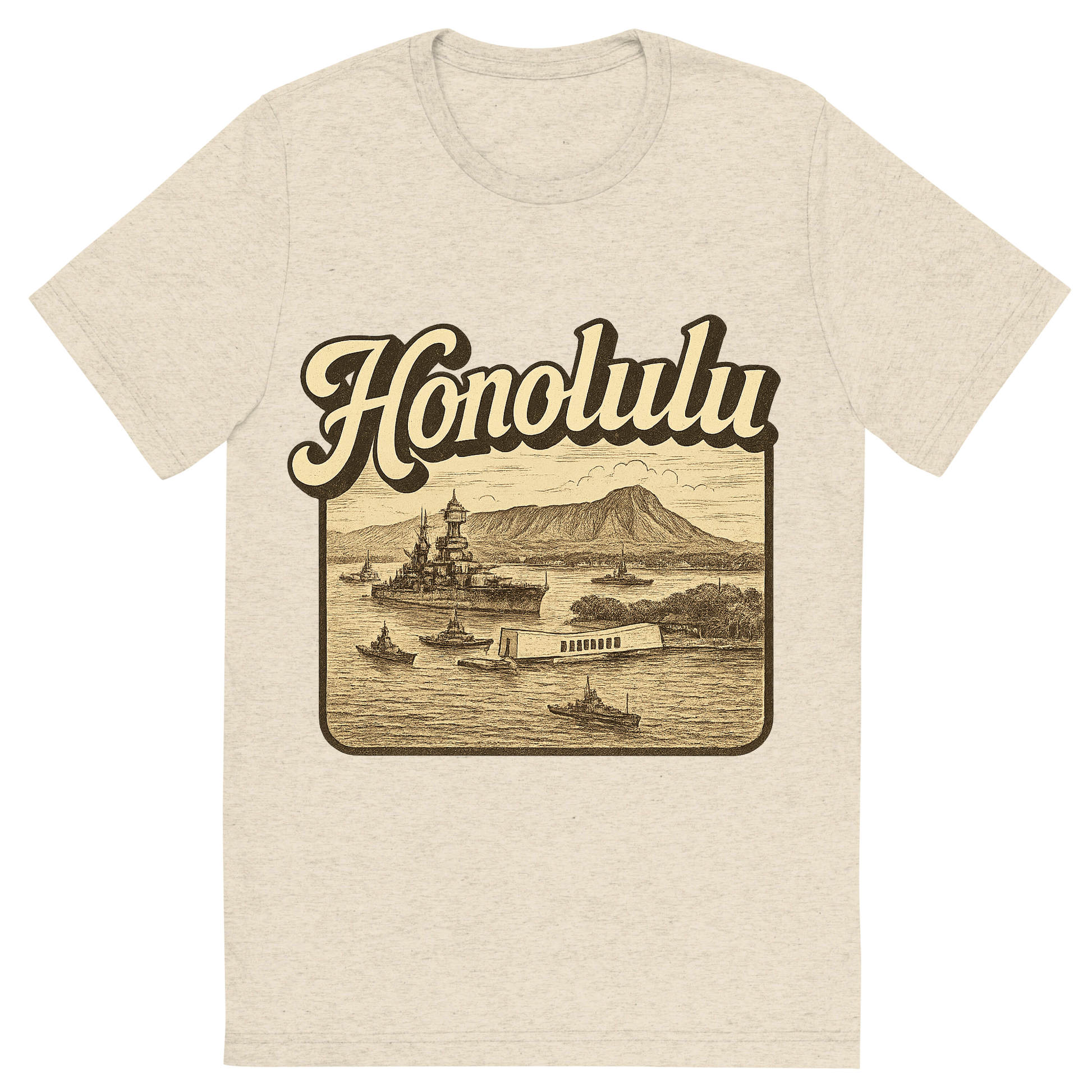 Front view of a Premium Tri-Blend Crew Neck T-Shirt in Oatmeal showing 'A typographic, nostalgic graphic of a typographic illustration of the words 'honolulu' with a vintage line art drawing of pearl harbor'