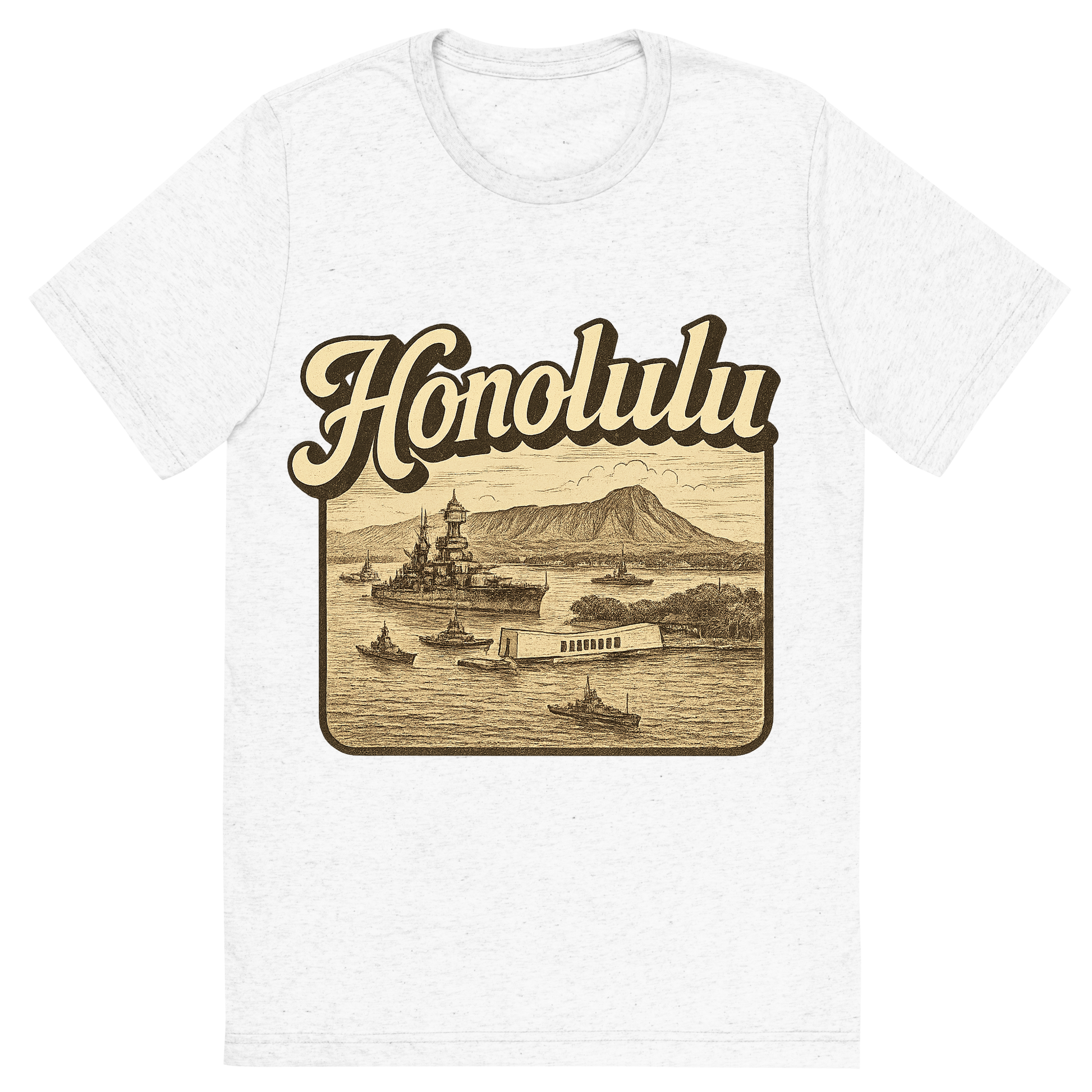 Front view of a Premium Tri-Blend Crew Neck T-Shirt in Solid White showing 'A typographic, nostalgic graphic of a typographic illustration of the words 'honolulu' with a vintage line art drawing of pearl harbor'