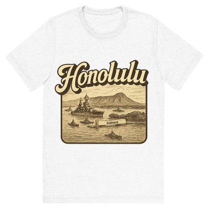 Front view of a Premium Tri-Blend Crew Neck T-Shirt in Solid White showing 'A typographic, nostalgic graphic of a typographic illustration of the words 'honolulu' with a vintage line art drawing of pearl harbor'