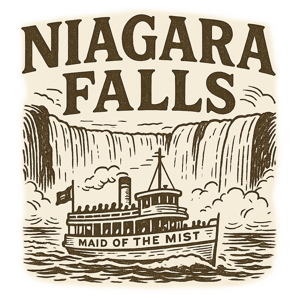 A typographic, nostalgic graphic of a typographic illustration of the words 'niagara falls' with a vintage line art drawing of the maid of the mist – a t-shirt design