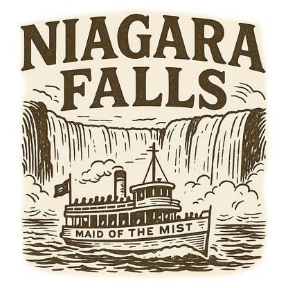 A typographic, nostalgic graphic of a typographic illustration of the words 'niagara falls' with a vintage line art drawing of the maid of the mist – a t-shirt design