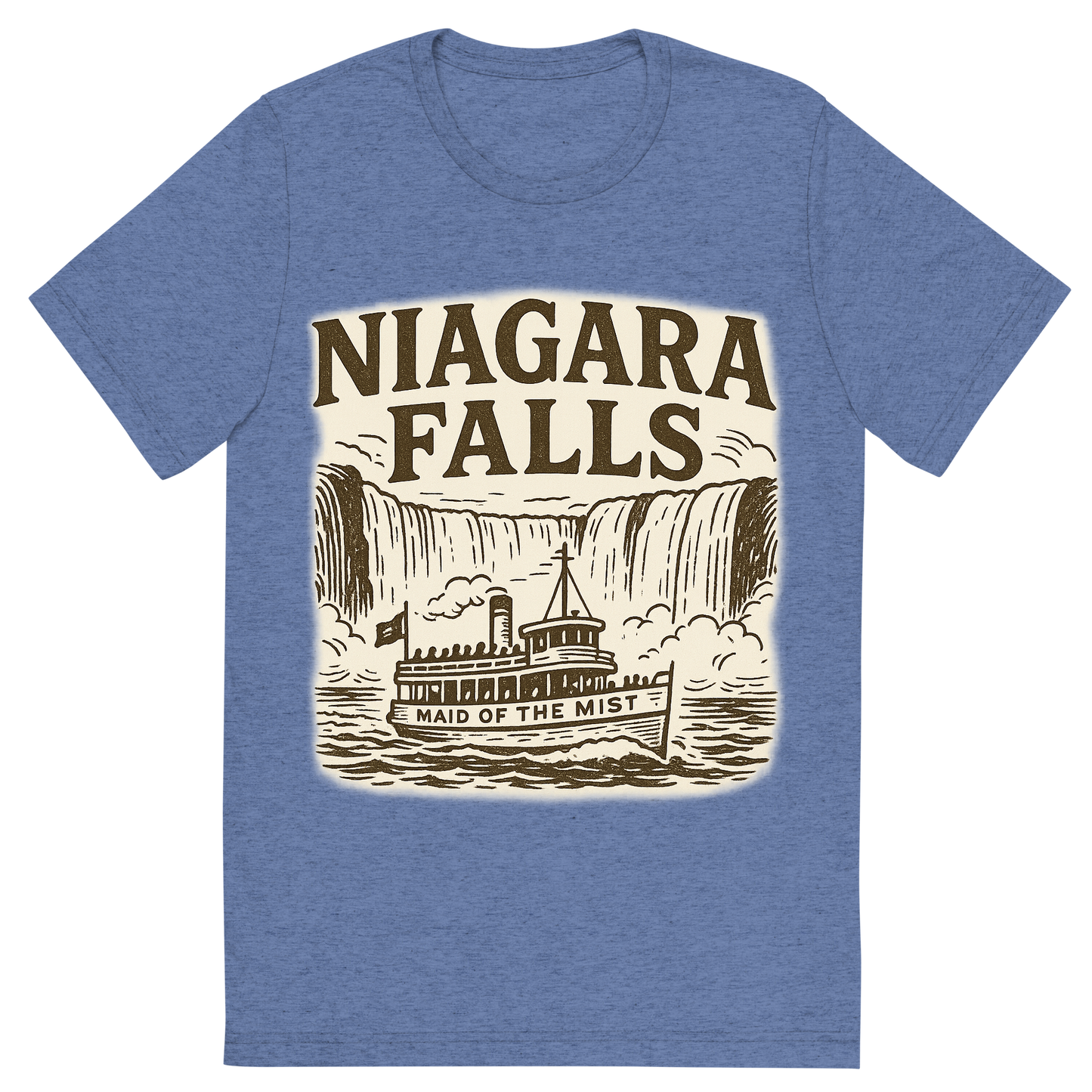 Front view of a Premium Tri-Blend Crew Neck T-Shirt in Blue showing 'A typographic, nostalgic graphic of a typographic illustration of the words 'niagara falls' with a vintage line art drawing of the maid of the mist'