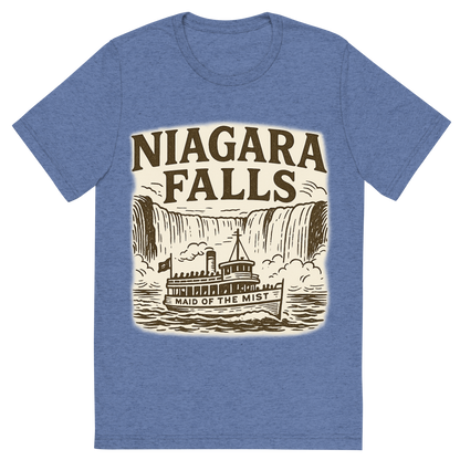 Front view of a Premium Tri-Blend Crew Neck T-Shirt in Blue showing 'A typographic, nostalgic graphic of a typographic illustration of the words 'niagara falls' with a vintage line art drawing of the maid of the mist'