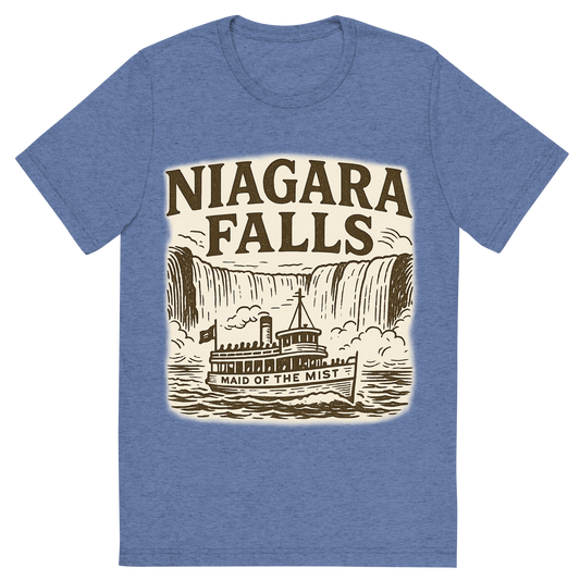 Front view of a Premium Tri-Blend Crew Neck T-Shirt in Blue showing 'A typographic, nostalgic graphic of a typographic illustration of the words 'niagara falls' with a vintage line art drawing of the maid of the mist'