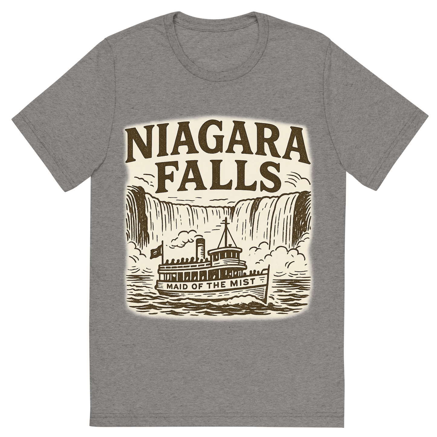 Front view of a Premium Tri-Blend Crew Neck T-Shirt in Grey showing 'A typographic, nostalgic graphic of a typographic illustration of the words 'niagara falls' with a vintage line art drawing of the maid of the mist'