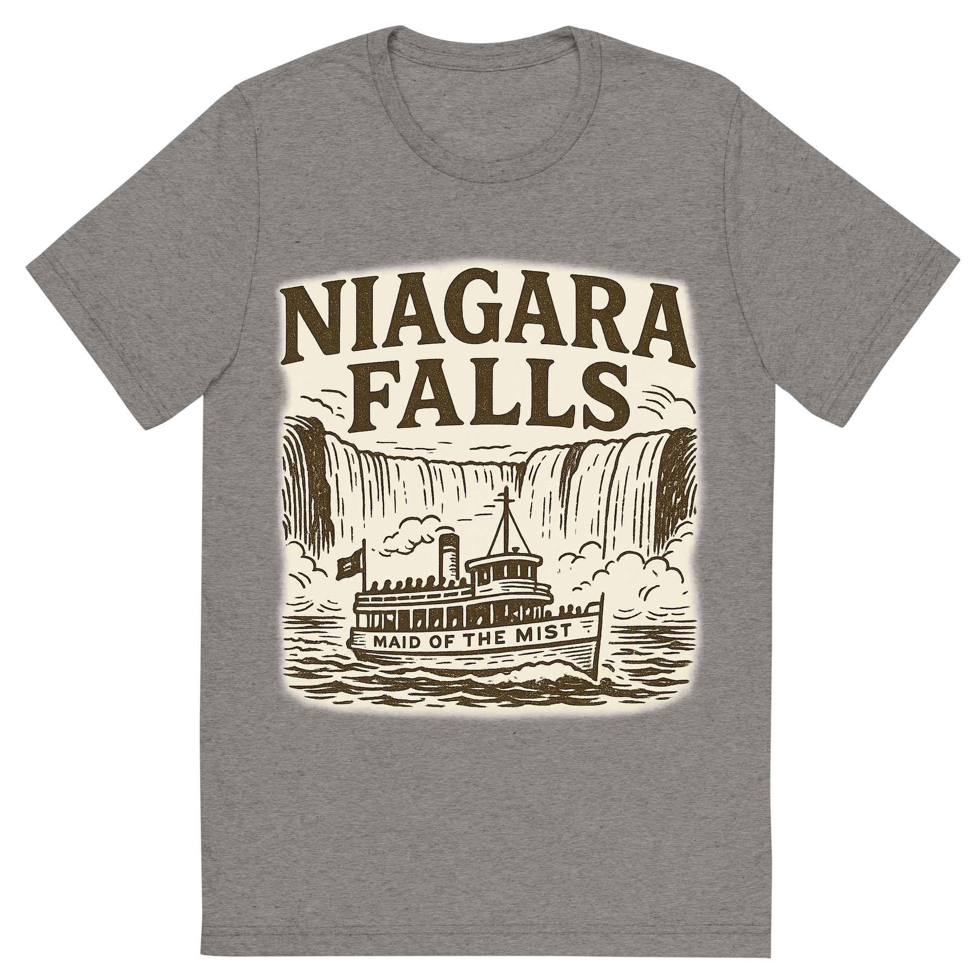 Front view of a Premium Tri-Blend Crew Neck T-Shirt in Grey showing 'A typographic, nostalgic graphic of a typographic illustration of the words 'niagara falls' with a vintage line art drawing of the maid of the mist'