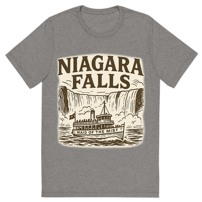 Front view of a Premium Tri-Blend Crew Neck T-Shirt in Grey showing 'A typographic, nostalgic graphic of a typographic illustration of the words 'niagara falls' with a vintage line art drawing of the maid of the mist'