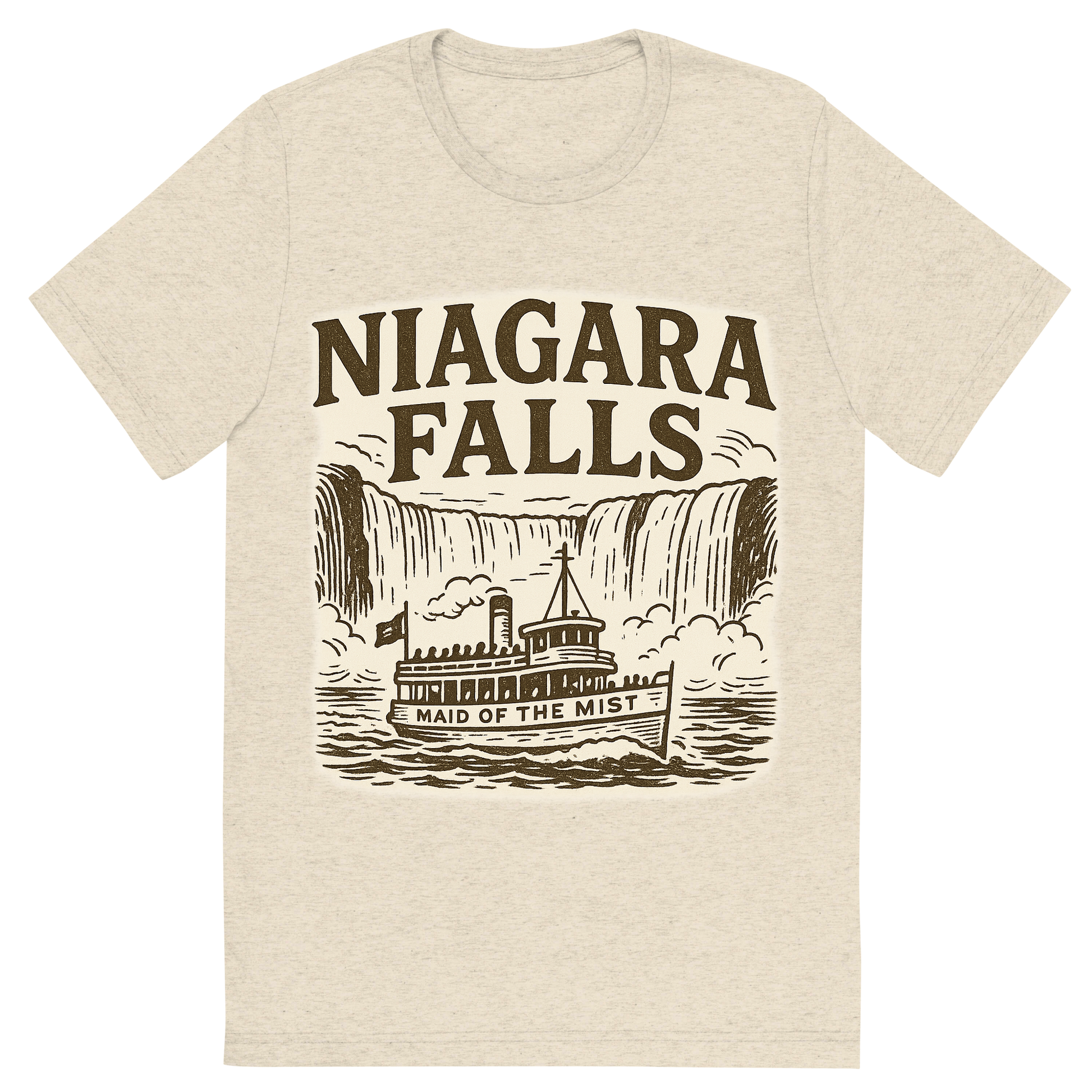 Front view of a Premium Tri-Blend Crew Neck T-Shirt in Oatmeal showing 'A typographic, nostalgic graphic of a typographic illustration of the words 'niagara falls' with a vintage line art drawing of the maid of the mist'