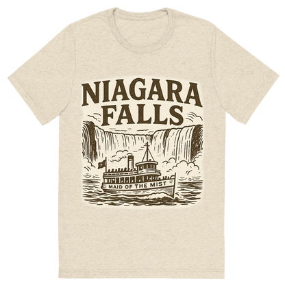 Front view of a Premium Tri-Blend Crew Neck T-Shirt in Oatmeal showing 'A typographic, nostalgic graphic of a typographic illustration of the words 'niagara falls' with a vintage line art drawing of the maid of the mist'
