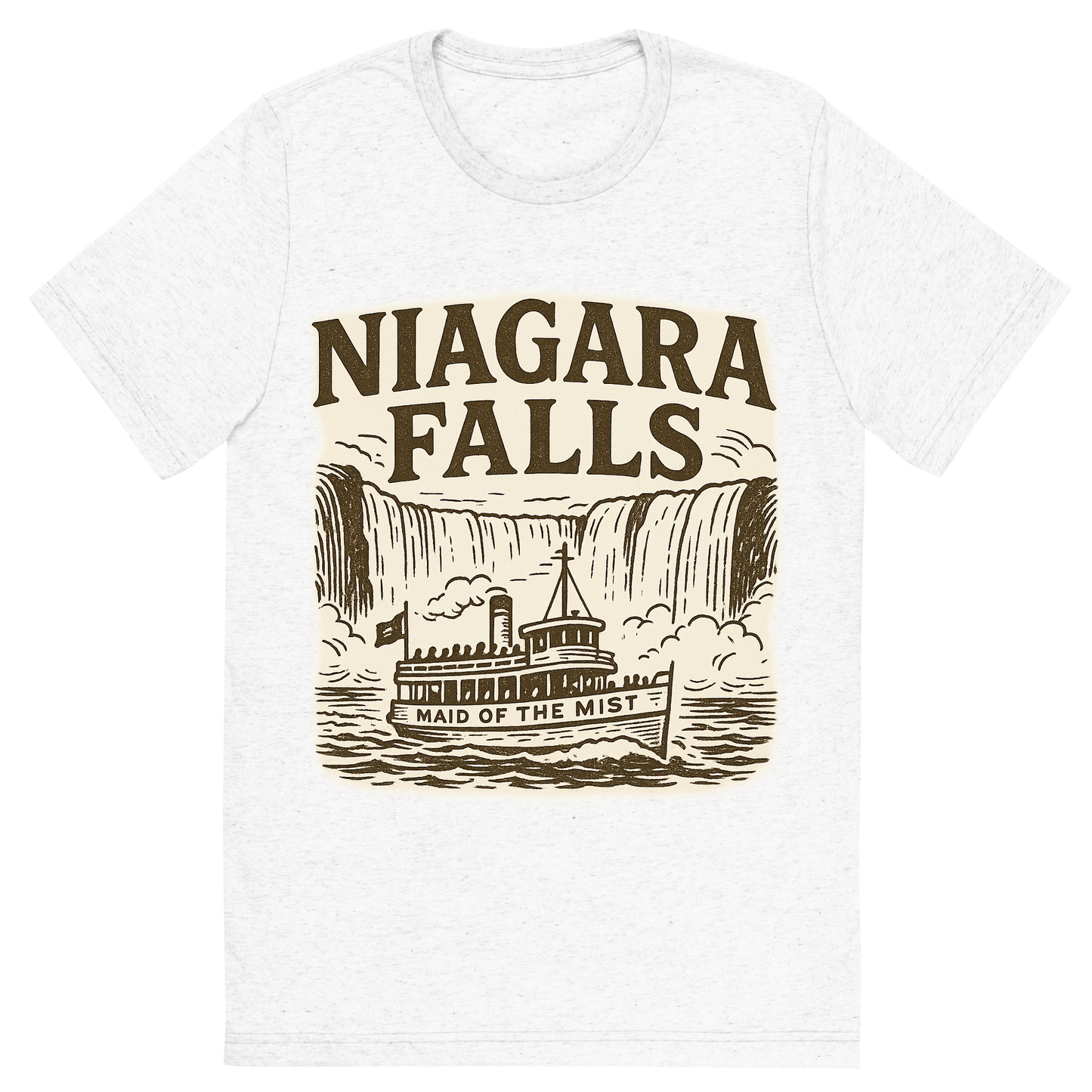 Front view of a Premium Tri-Blend Crew Neck T-Shirt in Solid White showing 'A typographic, nostalgic graphic of a typographic illustration of the words 'niagara falls' with a vintage line art drawing of the maid of the mist'