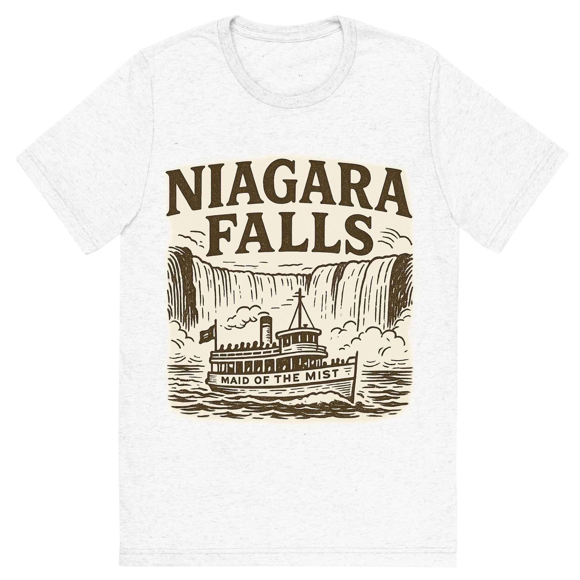 Front view of a Premium Tri-Blend Crew Neck T-Shirt in Solid White showing 'A typographic, nostalgic graphic of a typographic illustration of the words 'niagara falls' with a vintage line art drawing of the maid of the mist'