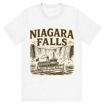 Front view of a Premium Tri-Blend Crew Neck T-Shirt in Solid White showing 'A typographic, nostalgic graphic of a typographic illustration of the words 'niagara falls' with a vintage line art drawing of the maid of the mist'