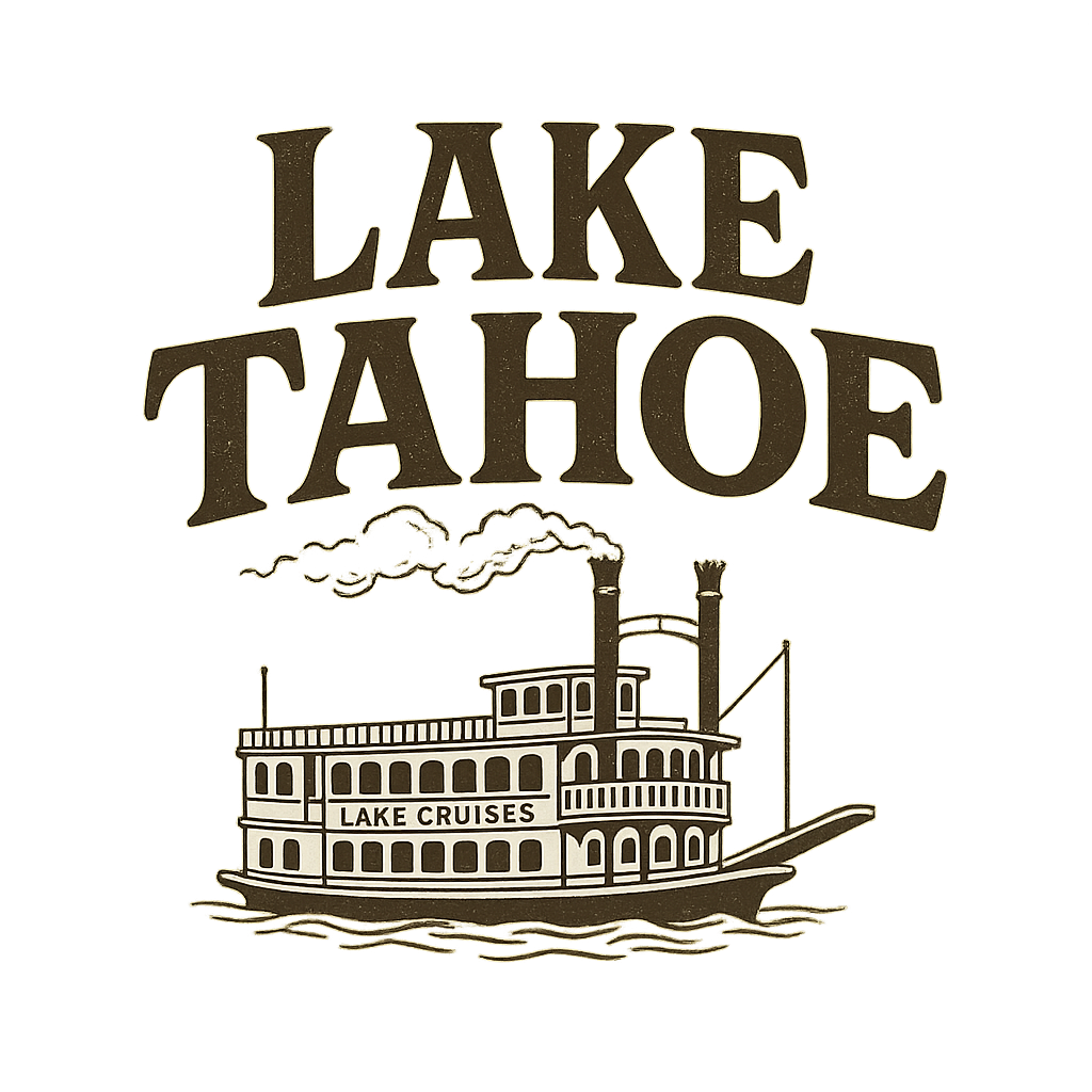 A typographic, nostalgic graphic of a typographic illustration of the words 'lake tahoe' with a vintage line art drawing of the lake cruises – a t-shirt design
