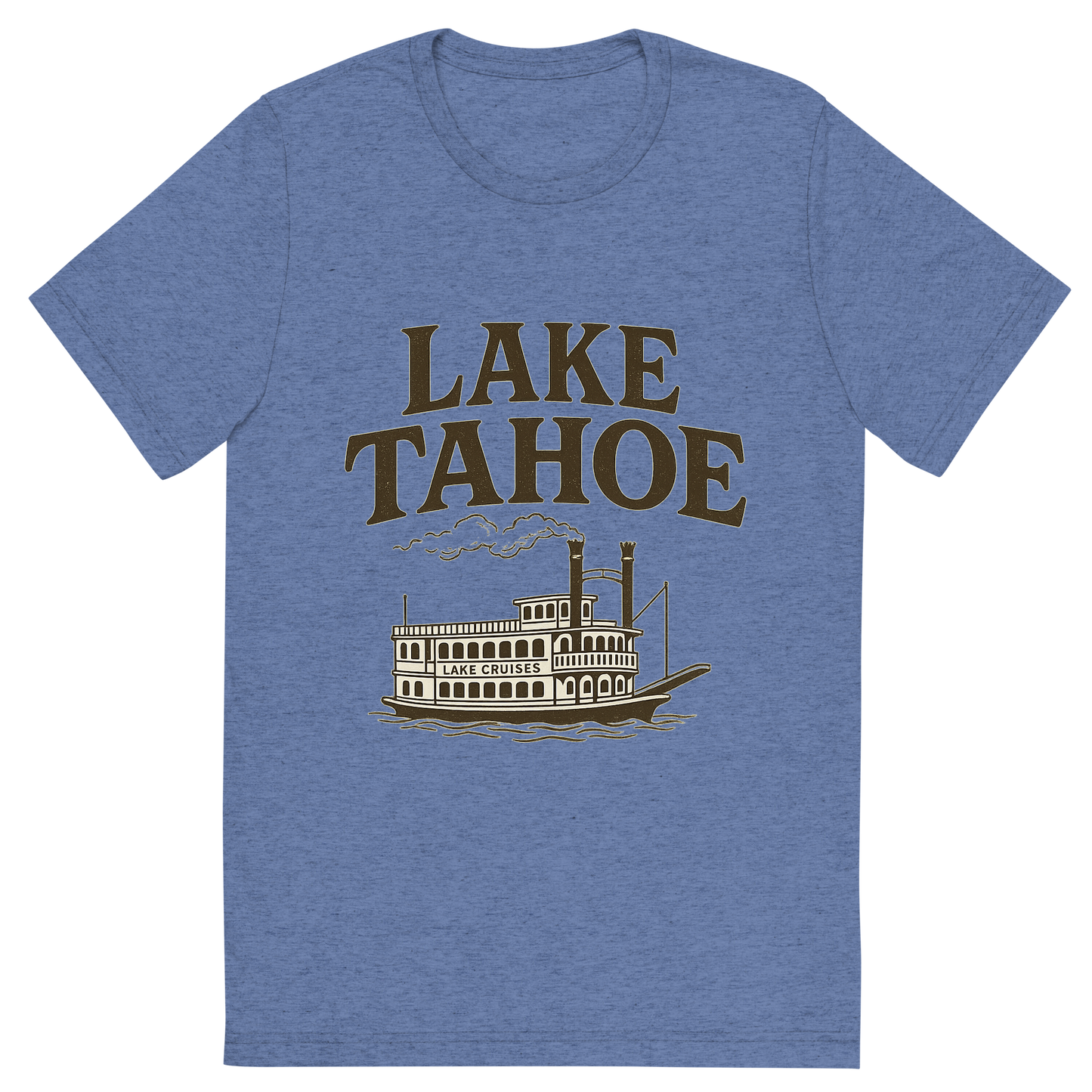 Front view of a Premium Tri-Blend Crew Neck T-Shirt in Blue showing 'A typographic, nostalgic graphic of a typographic illustration of the words 'lake tahoe' with a vintage line art drawing of the lake cruises'