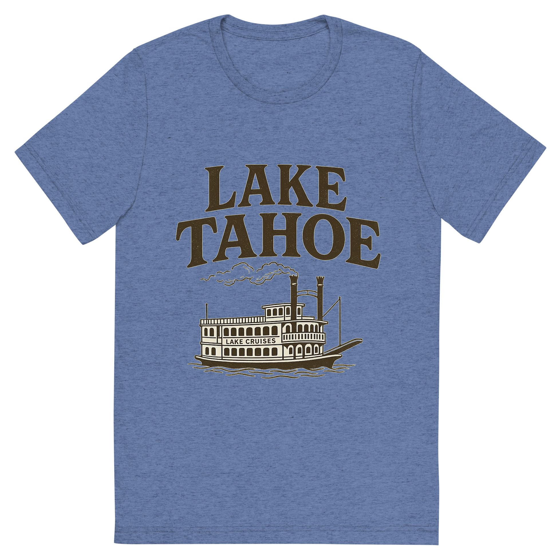 Front view of a Premium Tri-Blend Crew Neck T-Shirt in Blue showing 'A typographic, nostalgic graphic of a typographic illustration of the words 'lake tahoe' with a vintage line art drawing of the lake cruises'