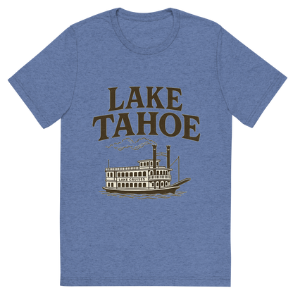 Front view of a Premium Tri-Blend Crew Neck T-Shirt in Blue showing 'A typographic, nostalgic graphic of a typographic illustration of the words 'lake tahoe' with a vintage line art drawing of the lake cruises'