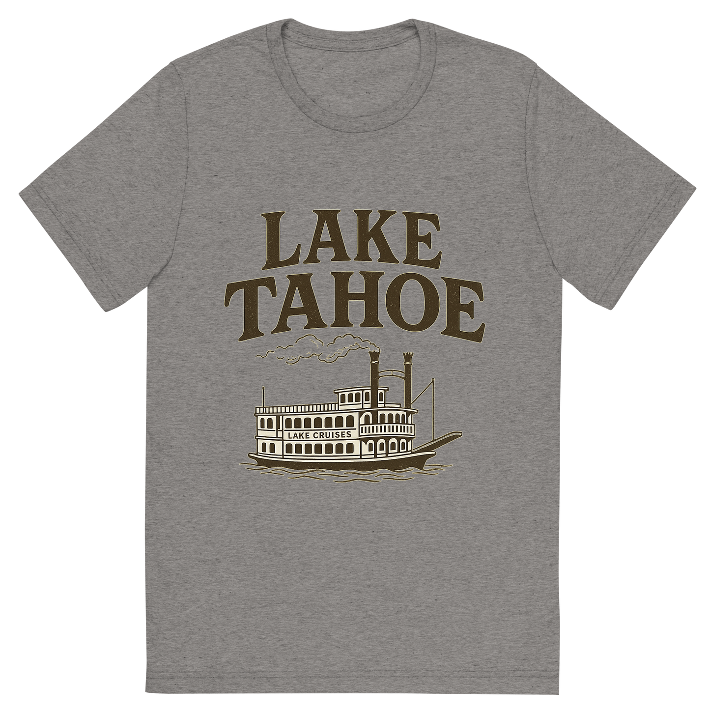 Front view of a Premium Tri-Blend Crew Neck T-Shirt in Grey showing 'A typographic, nostalgic graphic of a typographic illustration of the words 'lake tahoe' with a vintage line art drawing of the lake cruises'