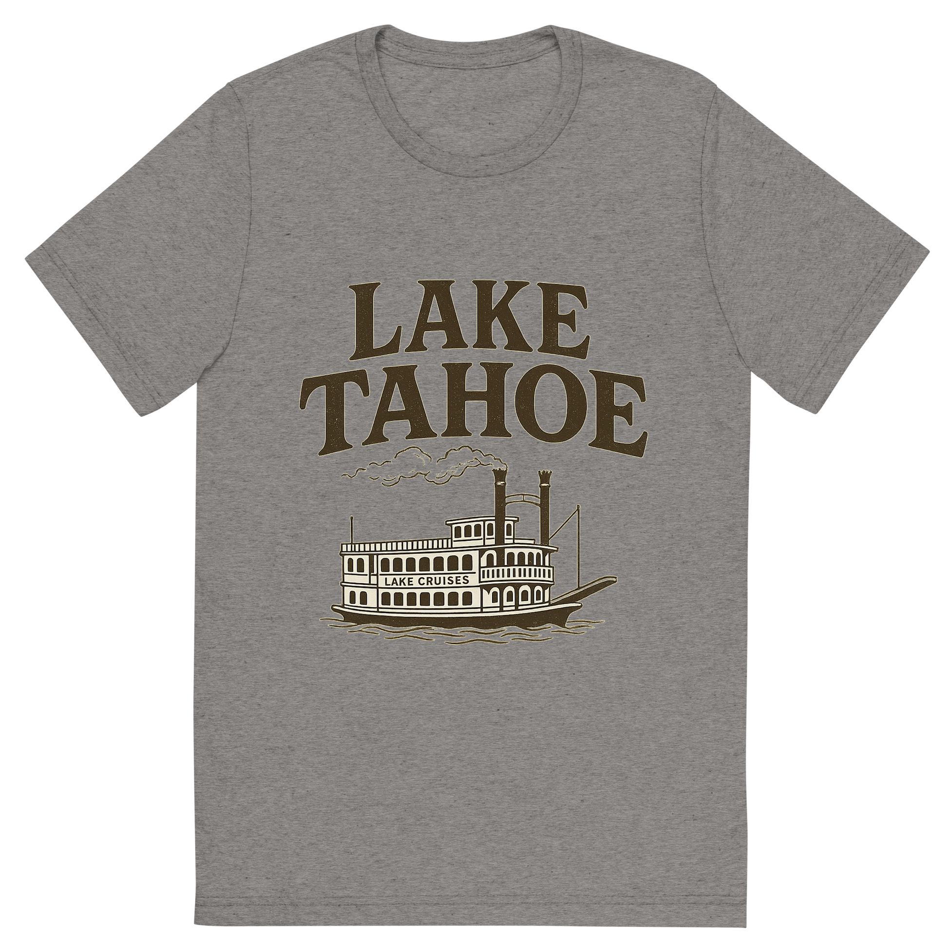 Front view of a Premium Tri-Blend Crew Neck T-Shirt in Grey showing 'A typographic, nostalgic graphic of a typographic illustration of the words 'lake tahoe' with a vintage line art drawing of the lake cruises'