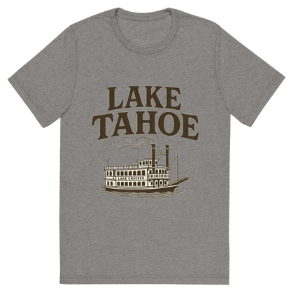 Front view of a Premium Tri-Blend Crew Neck T-Shirt in Grey showing 'A typographic, nostalgic graphic of a typographic illustration of the words 'lake tahoe' with a vintage line art drawing of the lake cruises'