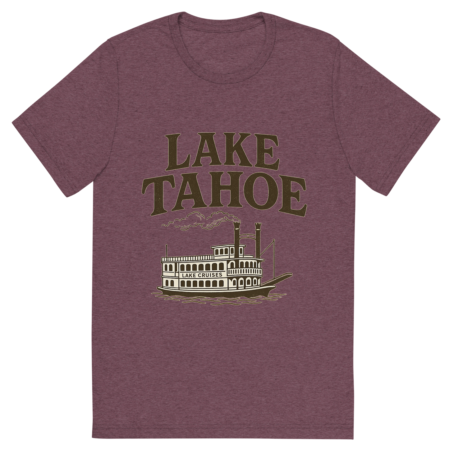 Front view of a Premium Tri-Blend Crew Neck T-Shirt in Maroon showing 'A typographic, nostalgic graphic of a typographic illustration of the words 'lake tahoe' with a vintage line art drawing of the lake cruises'