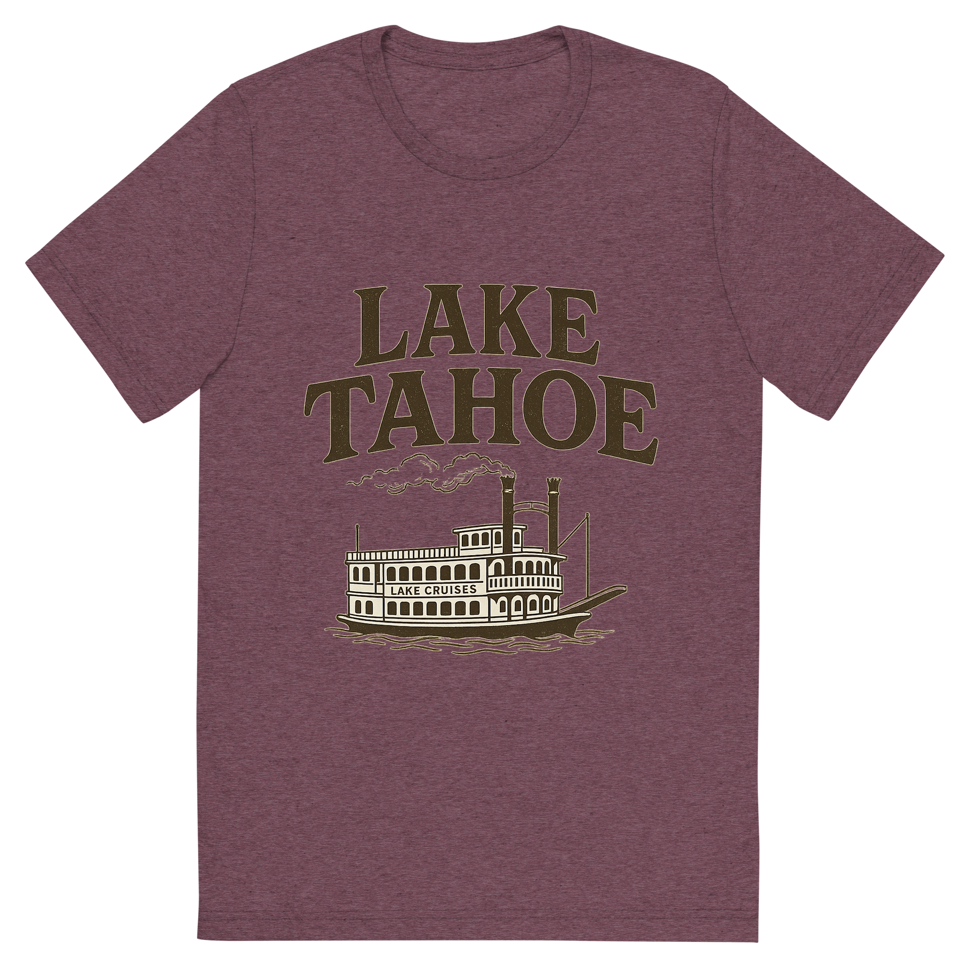 Front view of a Premium Tri-Blend Crew Neck T-Shirt in Maroon showing 'A typographic, nostalgic graphic of a typographic illustration of the words 'lake tahoe' with a vintage line art drawing of the lake cruises'