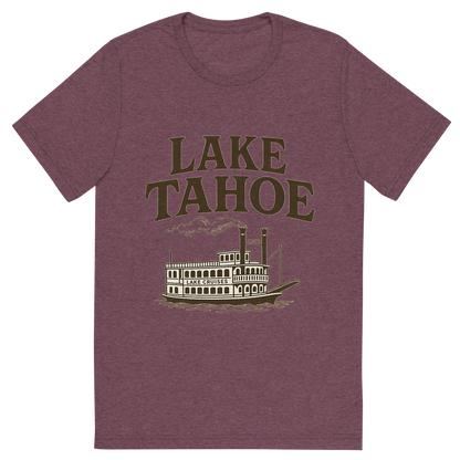 Front view of a Premium Tri-Blend Crew Neck T-Shirt in Maroon showing 'A typographic, nostalgic graphic of a typographic illustration of the words 'lake tahoe' with a vintage line art drawing of the lake cruises'