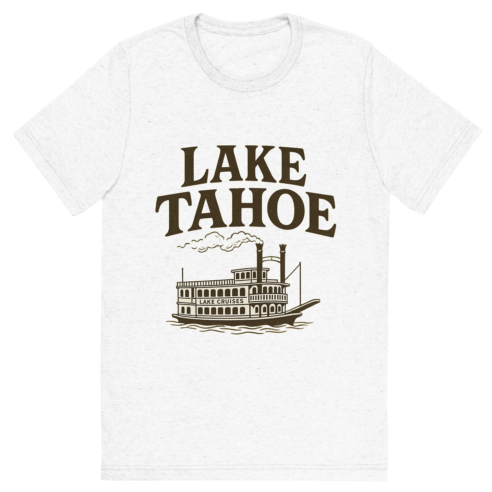 Front view of a Premium Tri-Blend Crew Neck T-Shirt in Solid White showing 'A typographic, nostalgic graphic of a typographic illustration of the words 'lake tahoe' with a vintage line art drawing of the lake cruises'