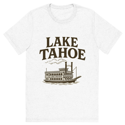 Front view of a Premium Tri-Blend Crew Neck T-Shirt in Solid White showing 'A typographic, nostalgic graphic of a typographic illustration of the words 'lake tahoe' with a vintage line art drawing of the lake cruises'