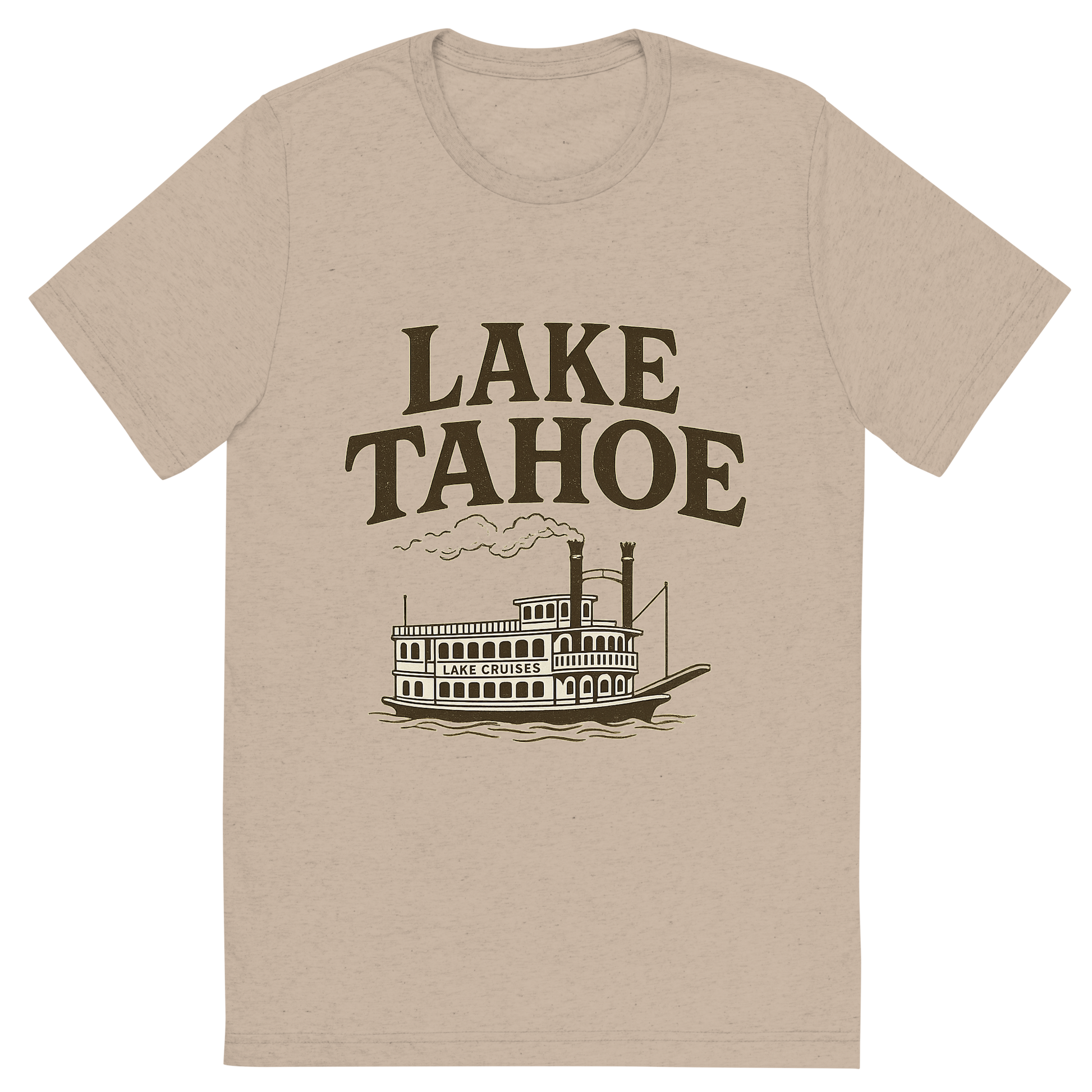 Front view of a Premium Tri-Blend Crew Neck T-Shirt in Tan showing 'A typographic, nostalgic graphic of a typographic illustration of the words 'lake tahoe' with a vintage line art drawing of the lake cruises'