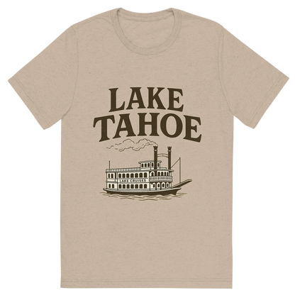 Front view of a Premium Tri-Blend Crew Neck T-Shirt in Tan showing 'A typographic, nostalgic graphic of a typographic illustration of the words 'lake tahoe' with a vintage line art drawing of the lake cruises'