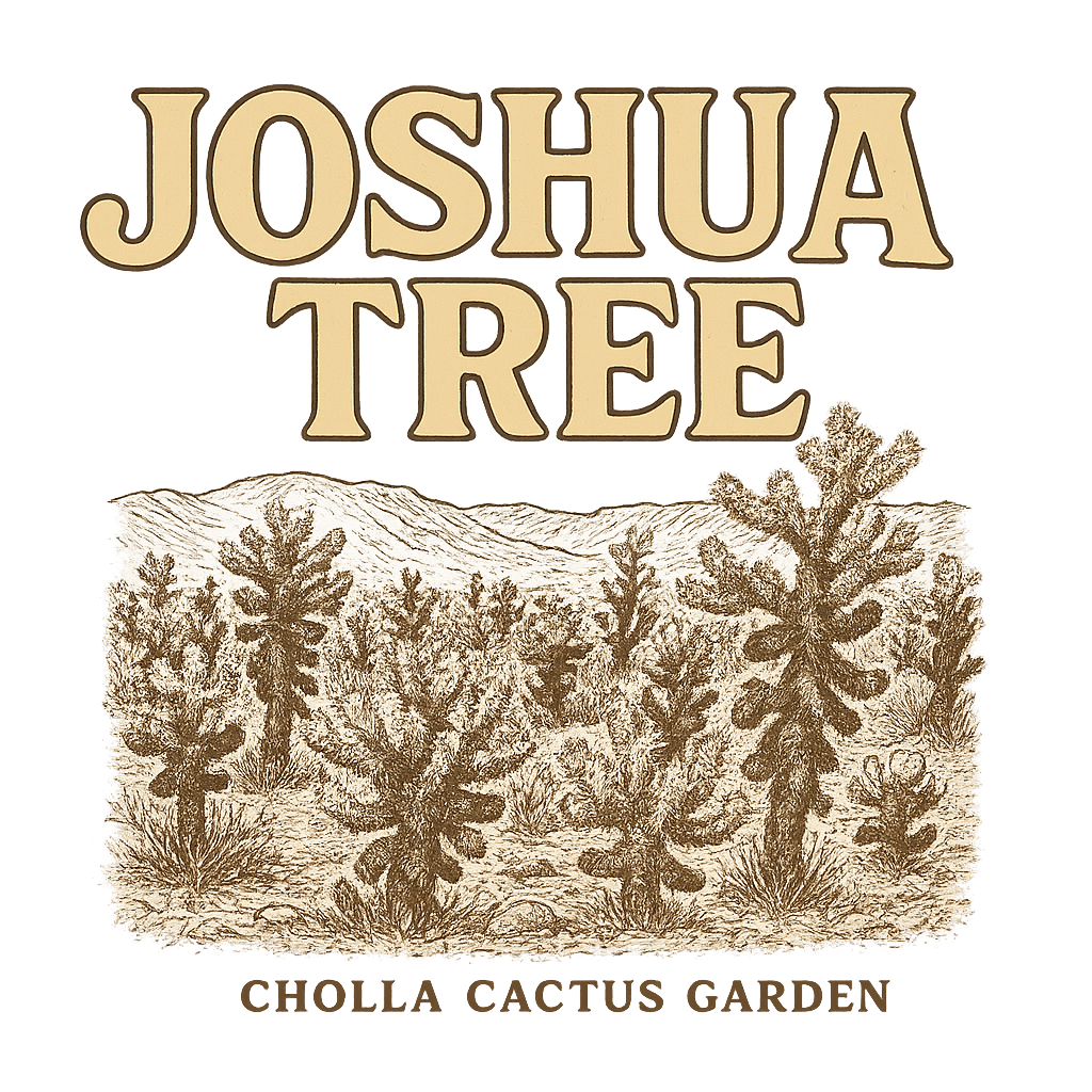 A typographic, nostalgic graphic of a typographic illustration of the words 'joshua tree' with a vintage line art drawing of the cholla cactus garden – a t-shirt design