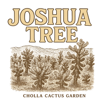 A typographic, nostalgic graphic of a typographic illustration of the words 'joshua tree' with a vintage line art drawing of the cholla cactus garden – a t-shirt design
