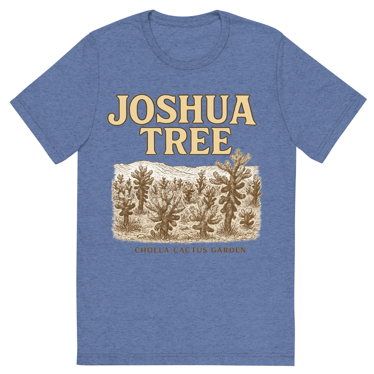 Front view of a Premium Tri-Blend Crew Neck T-Shirt in Blue showing 'A typographic, nostalgic graphic of a typographic illustration of the words 'joshua tree' with a vintage line art drawing of the cholla cactus garden'