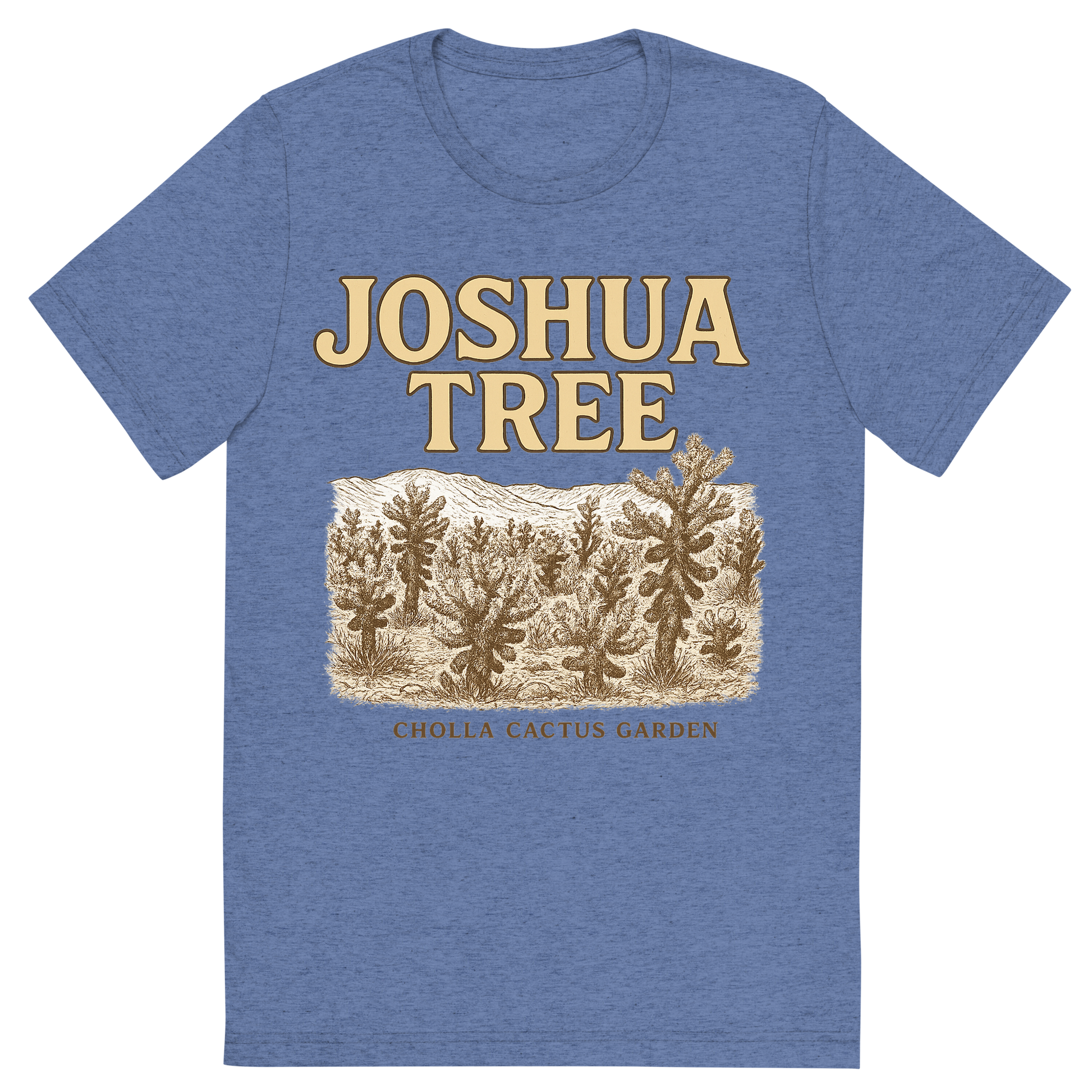 Front view of a Premium Tri-Blend Crew Neck T-Shirt in Blue showing 'A typographic, nostalgic graphic of a typographic illustration of the words 'joshua tree' with a vintage line art drawing of the cholla cactus garden'